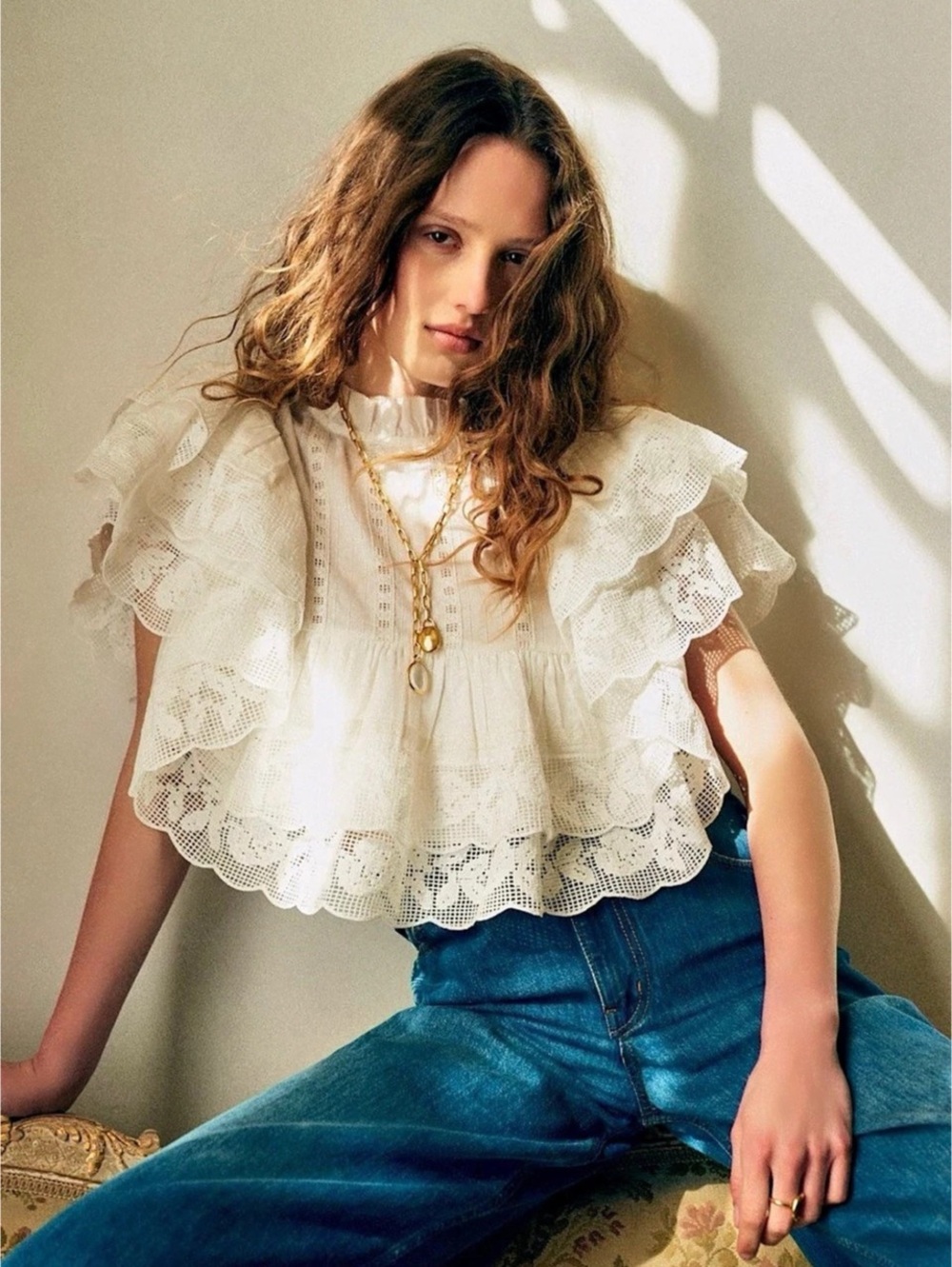 Sézane Leanie Blouse White Ruffle Sleeve